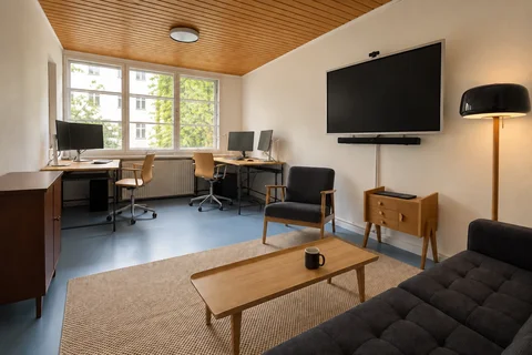Unser hinteres Büro mit Schreibtischen am Fenster, Holzdecke, blauem Boden und einer Sitzecke mit Sofa.