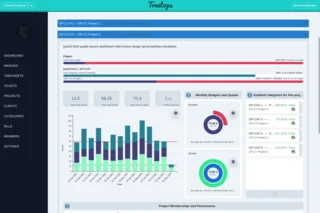 Treetops: Projektdetails mit Budgets, Fortschritt, Aktivitätsdiagrammen und Teamberechtigungen.